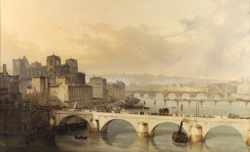 Procession sur le pont de l'Archevêché, L.-H. Leymarie, vers 1830 © MHL-Gadagne, photo X. Schwebel