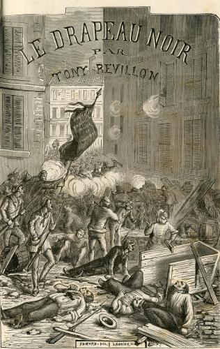 La Révolte des canuts. Estampe de A. Denis, datant de 1878, illustrant le 1er soulèvement des ouvrier·es de la Soie à Lyon en 1831. Parue dans le roman "Le Drapeau noir" de Tony Révillon. Collection du MHL – Gadagne
