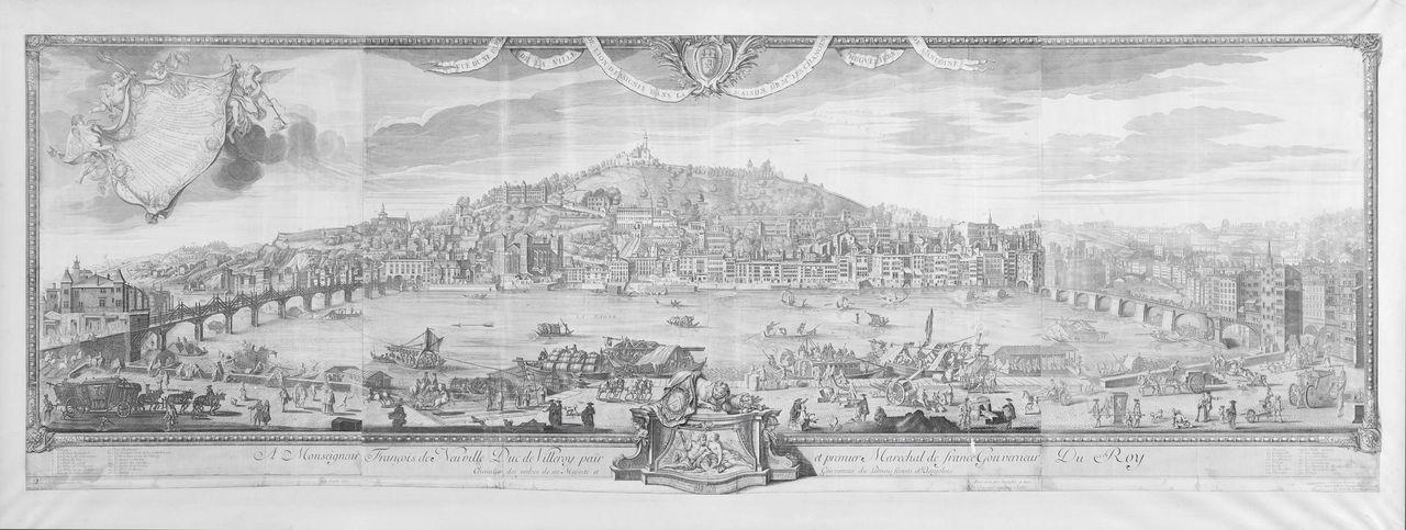 Vue de Lyon prise du quai Saint-Antoine, dédicace au maréchal de Villeroy, François de Poilly, gravure d’après un dessin de François Cléric, 1719-1720 - © Gadagne