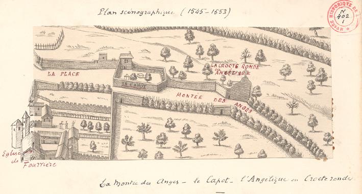 Vue de la montée des anges extrait du plan scénographique de Lyon du 16e siècle - © Gadagne