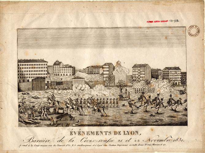 Barrière de la Croix-Rousse, 21 et 22 novembre 1831, gravure anonyme, musée d'Histoire de Lyon - Gadagne, fonds Justin Godart, inv. 53.523
