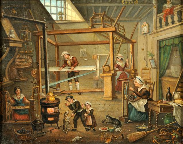 Intérieur d‘un atelier de canut. Huile sur carton. Balthazar Alexis