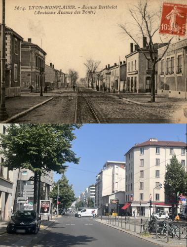 Carte postale, vue de l'avenue Berthelot, Lyon 8e arr., et vue de l'avenue en 2025