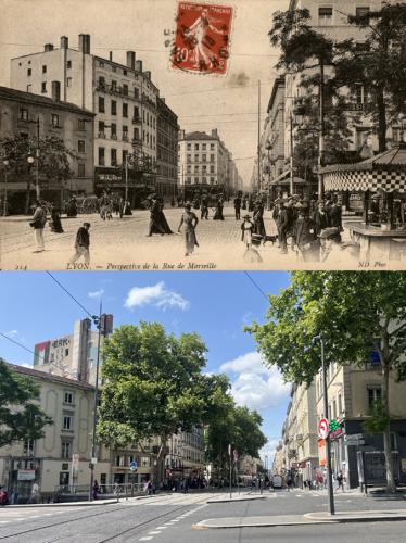 Carte postale, vue de la rue de Marseilles, Lyon 7e arr., et vue de l'avenue en 2025