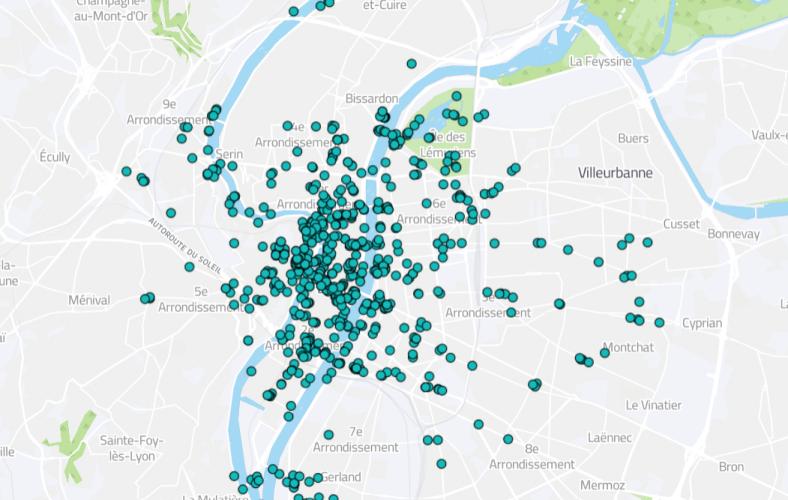 Vue de la cartographie des points de localisation des cartes postales de la collection du MHL sur le site data.grandlyon.com