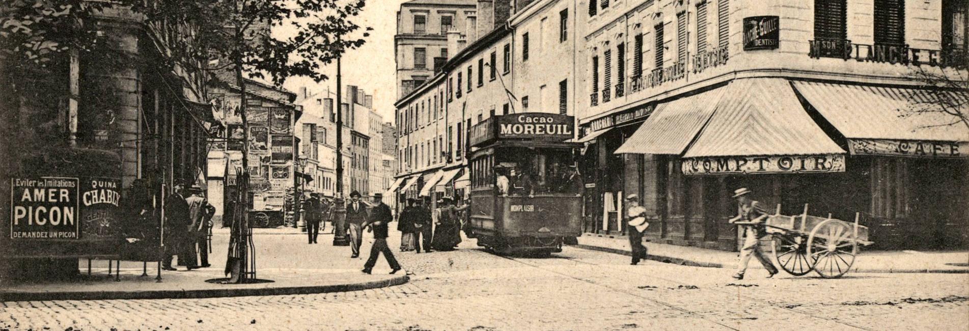 Carte postale, grande rue de la Guillotère au coin de l'avenue de saxe, Lyon 7e