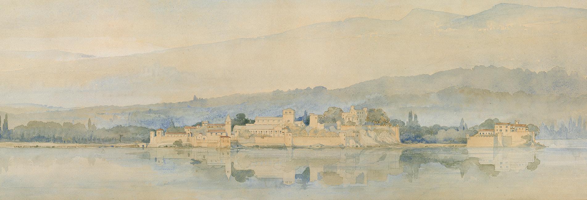 Élévation géométrale du côté Est de l’Ile. Vue reconstituée de l’Ile-Barbe à partir de Caluire, près de Lyon (détail). Aquarelle sur papier. 1902. Amédée Cateland (dessinateur). MHL– Gadagne, don Cateland, Inv. 70.11.8