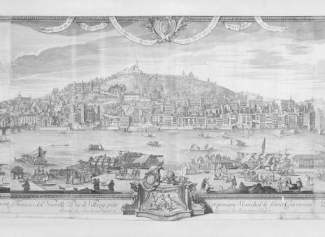 Vue de Lyon prise du quai Saint-Antoine, dédicace au maréchal de Villeroy, François de Poilly, gravure d’après un dessin de François Cléric, 1719-1720 - © Gadagne