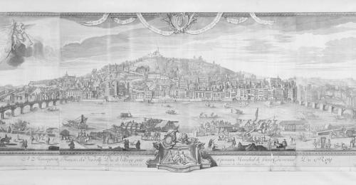 Vue de Lyon prise du quai Saint-Antoine, dédicace au maréchal de Villeroy, François de Poilly, gravure d’après un dessin de François Cléric, 1719-1720 - © Gadagne