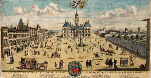 Perspective de la place des Terreaux, gravure sur cuivre coloriée, anonyme, 17e siècle, inv. 53.928 © Musée d’Histoire de Lyon - Gadagne