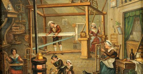 Intérieur d‘un atelier de canut (détail). Huile sur carton. Balthazar Alexis. 19e siècle. Musée d’histoire de Lyon – Gadagne. Photo © Xavier Schwebel