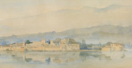 Élévation géométrale du côté Est de l’Ile. Vue reconstituée de l’Ile-Barbe à partir de Caluire, près de Lyon (détail). Aquarelle sur papier. 1902. Amédée Cateland (dessinateur). MHL– Gadagne, don Cateland, Inv. 70.11.8