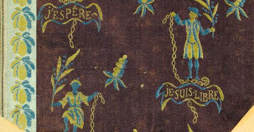 Fragment de soierie façonnée,1789 -  Inscriptions : "Je suis libre" "J'espère"