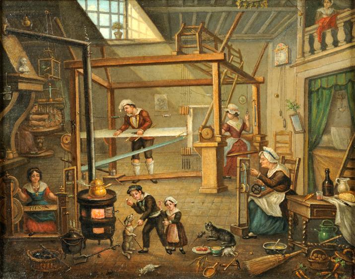 Intérieur d‘un atelier de canut (détail). Huile sur carton. Balthazar Alexis. 19e siècle. Musée d’histoire de Lyon – Gadagne. Photo © Xavier Schwebel