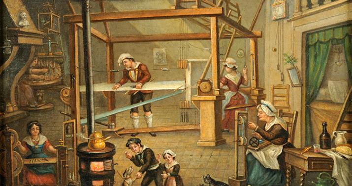 Balthazar Alexis, Intérieur d'un atelier de canut, XIXe siècle, Huile sur carton - © Xavier Schwebel